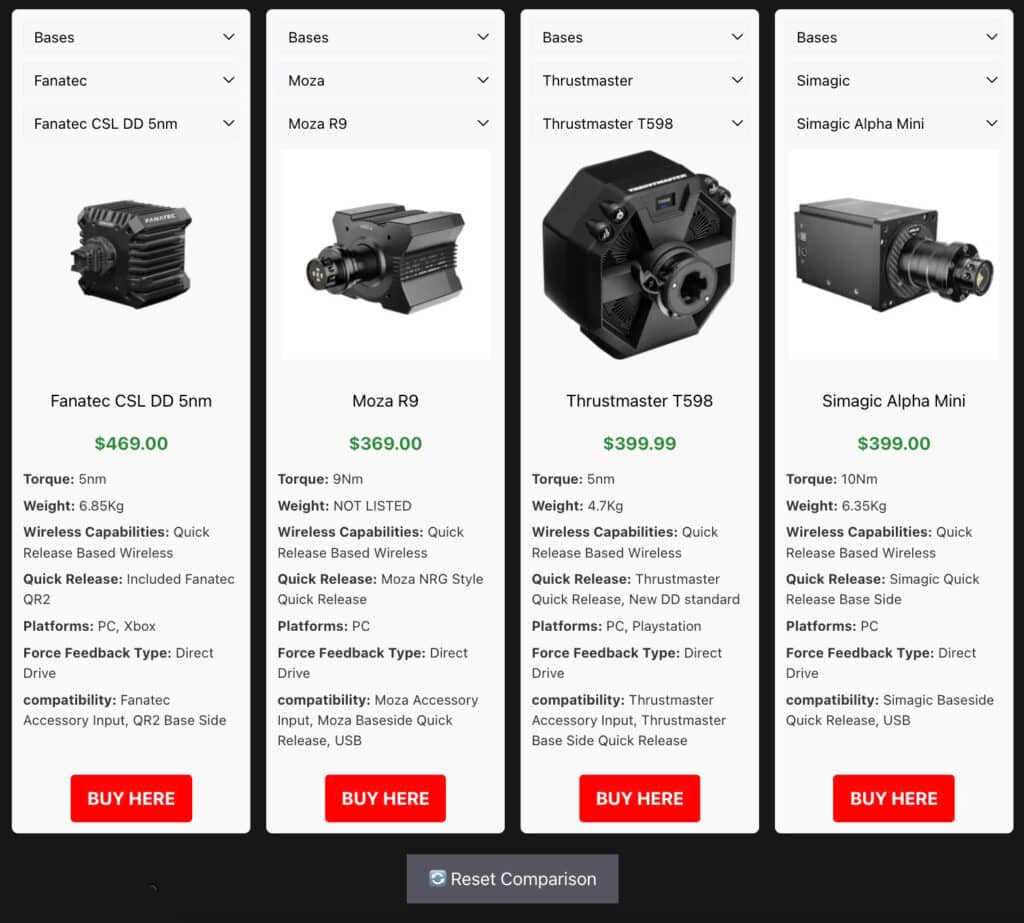 How to use our comparison tool, screenshot